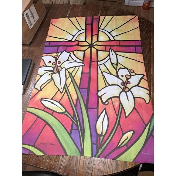 Vintage Carson Janet Stever Easter Stainglass Cross Lily House Flag 39"x27" - Picture 1 of 6